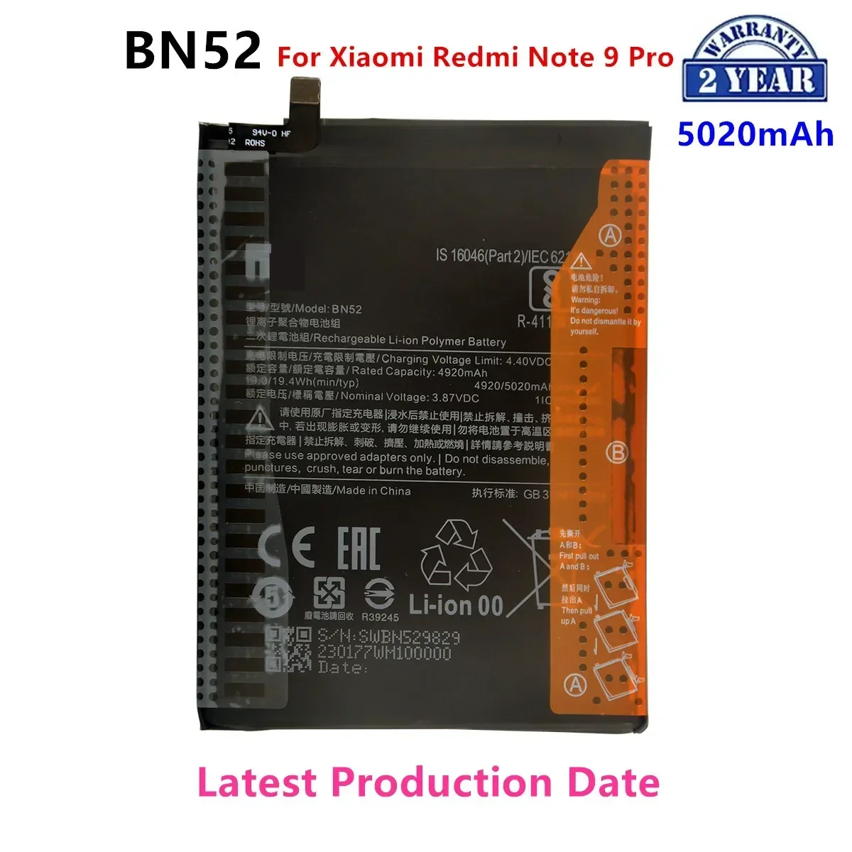 

Brand New BN52 5020mAh Battery For Xiaomi Redmi Note 9 Pro Phone Replacement Batteries