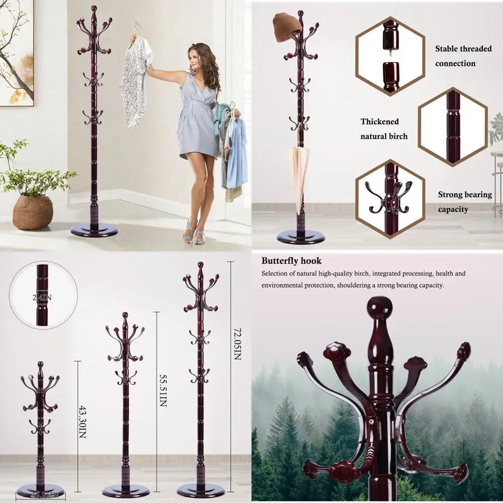 شجرة معطف خشبية صلبة شديدة التحمل مع 14 خطافًا، رف قائم بذاته بقاعدة قوية، لمسة نهائية من خشب البتولا الطبيعي لتخزين المدخل #1