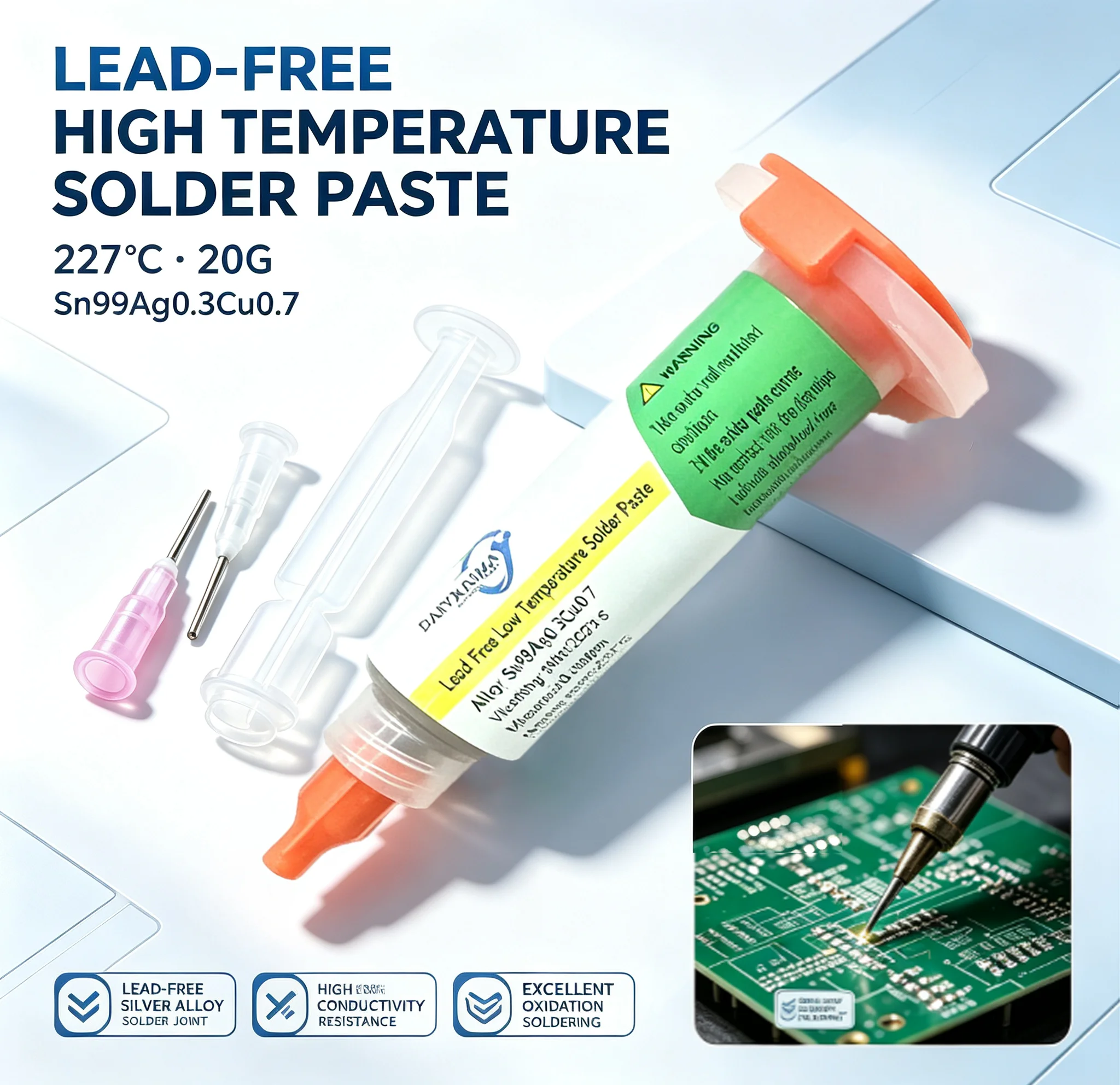 20g LeadFree High Temperature Solder Paste Sn99Ag0.3Cu0.7 Melting Point 227℃ SMT Reflow Soldering Paste for PCB BGA Chip Rework