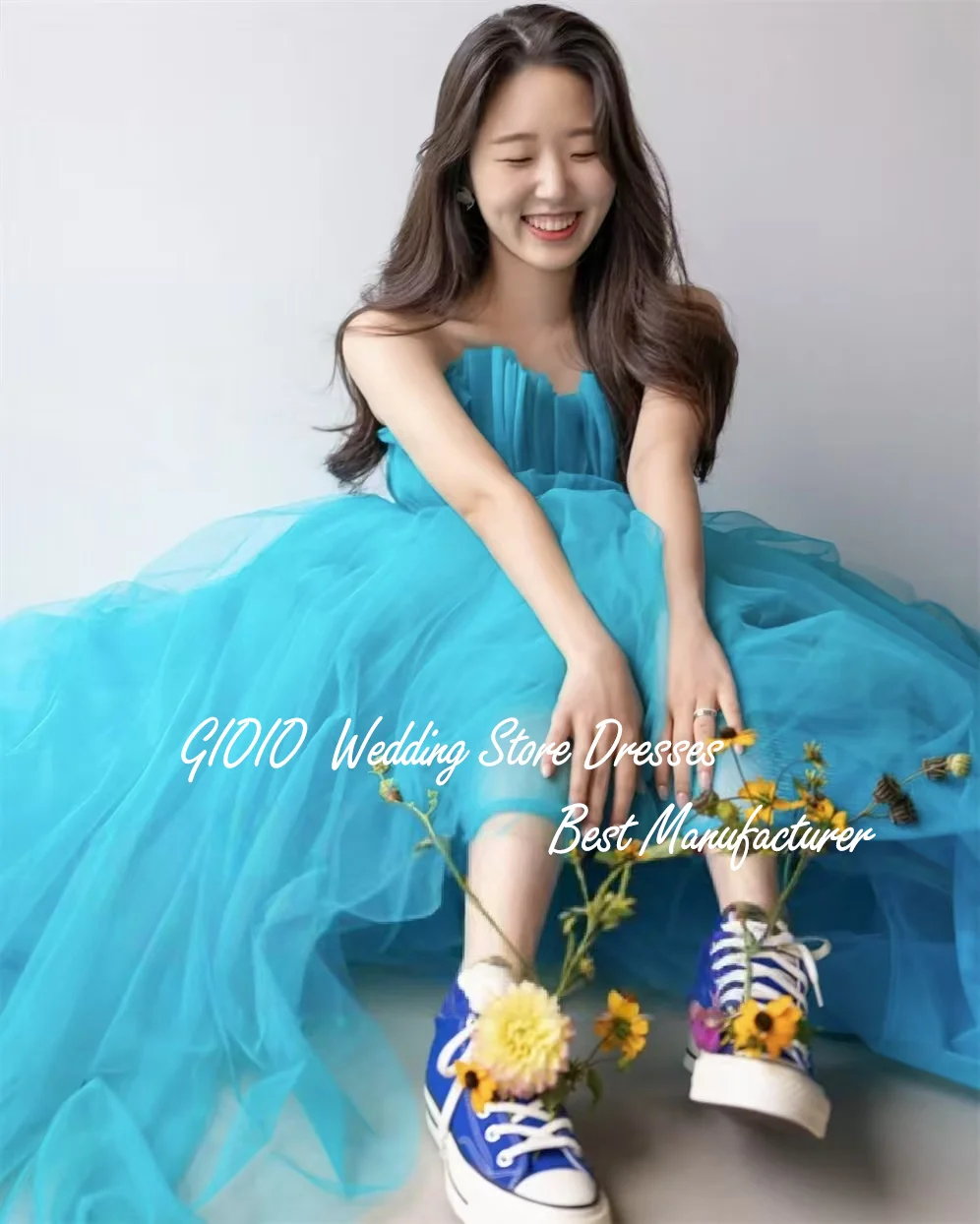 Gioio صدفي الكشكشة كوريا فساتين الزفاف الجنية الأزرق ألف خط فستان الحفلات المسائية صور تبادل لاطلاق النار مخصص مشد ثوب العروس
