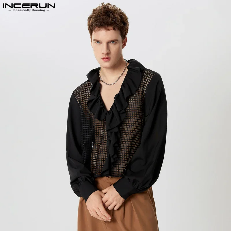 INCERUN Men's Shirts Mesh Patchwork V Neck Long Sleeve Transparent Ruffle Casual Men Clothing Streetwear 2025 Fashion Camisas