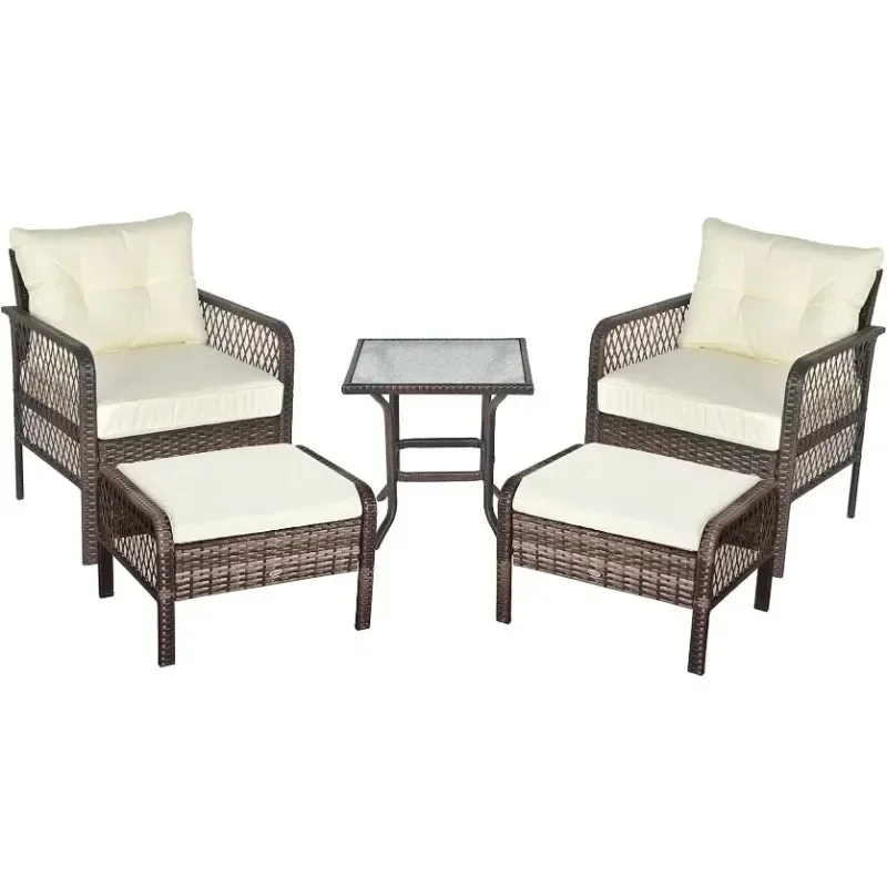 Outsunny 5-Piece PE Wicker Patio Furniture Set with Outdoor Ottomans, Table & Chairs, Small Balcony Furniture for Backyard