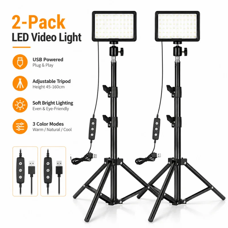 2-Pack LED Photo Video Light, Dimmable 5600K USB Continuous Photography Lighting Kit with Tripods and Color Filters, for Photo S