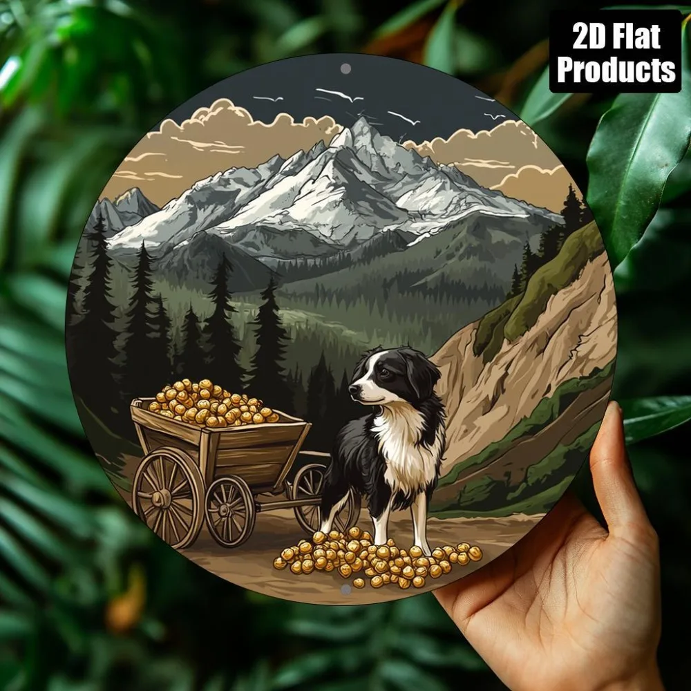 1 Stück 2D Vintage Aluminium Rundes Wandschild 8x8 Zoll Kaffee-Dekor mit Hund und Bergblick für Küche Café Zuhause