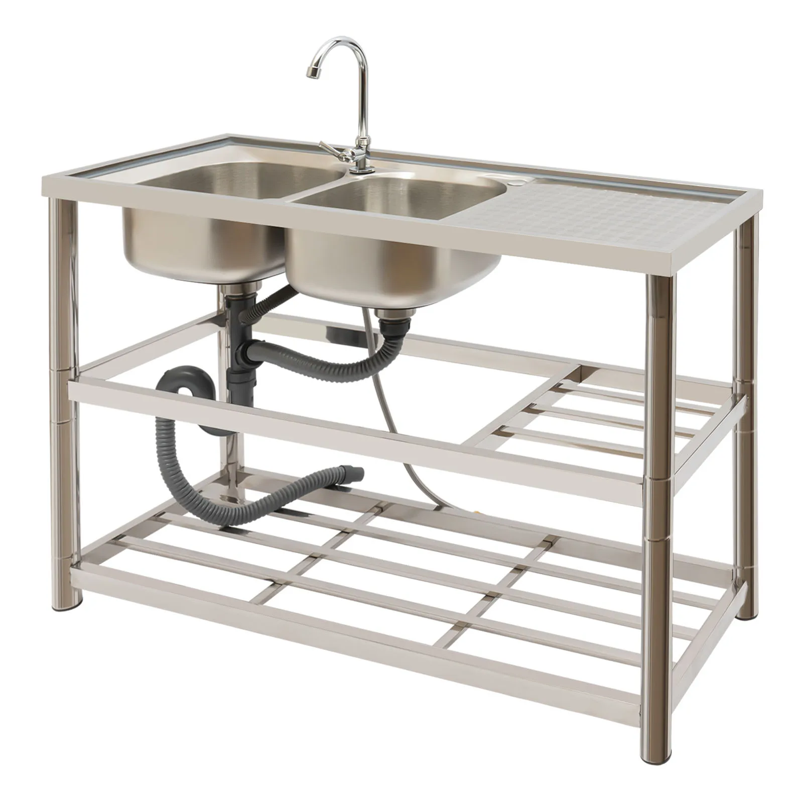 Commercial Restaurant Kitchen Sink Set, Free Standing Stainless Steel, Double Bowl, Faucet and Drainboard