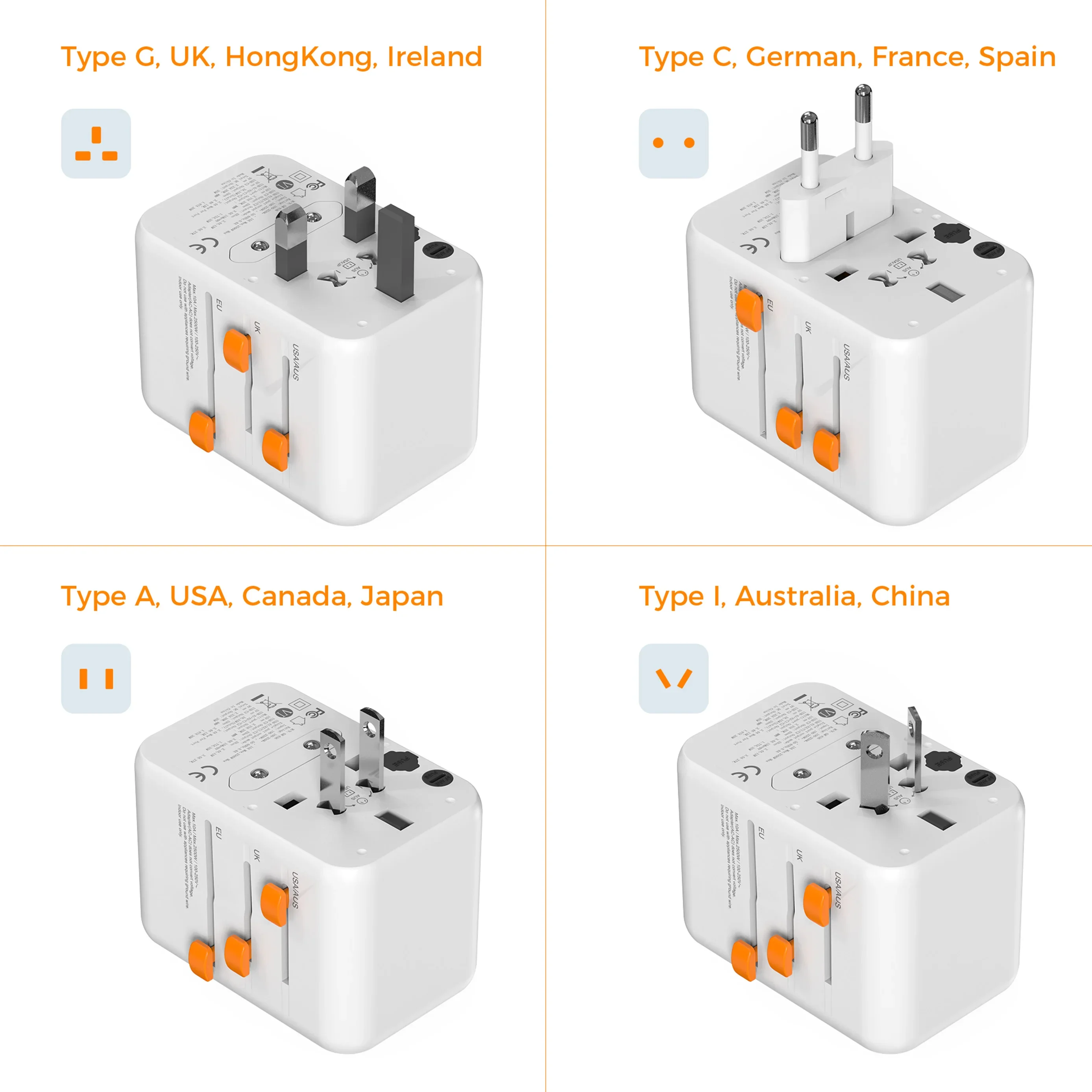 TESSAN Adapter podróżny Uniwersalne gniazdo z USB i adapterem zasilania typu C do szybkiego ładowania Wtyczka EU/UK/USA/AUS do podróży