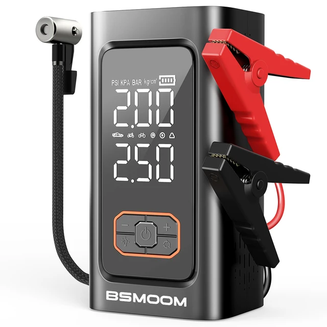 Wielofunkcyjny awaryjny rozrusznik samochodowy 1500A/1000A PEAK z pompką powietrza 150PSI, cyfrowym inflatorem opon, przenośną ładowarką do akumulatorów samochodowych, obsługujący wszystkie silniki benzynowe/10L diesla, światło awaryjne LED i ładowanie USB, narzędzie awaryjne do samochodu. Odpowiedni na prezent świąteczny