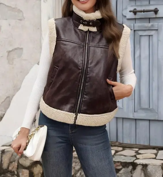 

2026 Autumn and Winter Fashion Casual Coat Atmosphere Sleeveless Jacket with Plush Trim Gold Zipper Leather Vest Tops for Women
