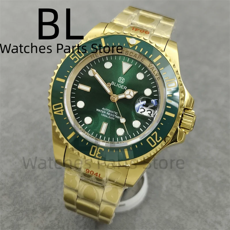 BLIGER Men's 43mm Mechanical Watch Luxury Full Gold Stainless Steel Waterproof Sapphire Glass Green Sunburst Dial Reloj Masculin