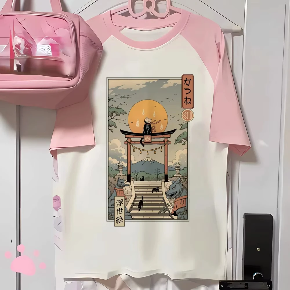 Japanische süße Cartoon-Stil Y2k Ästhetik Harajuku Anime Cartoon Katze Print Damen Kawaii Kurzarm T-Shirt Streetwear