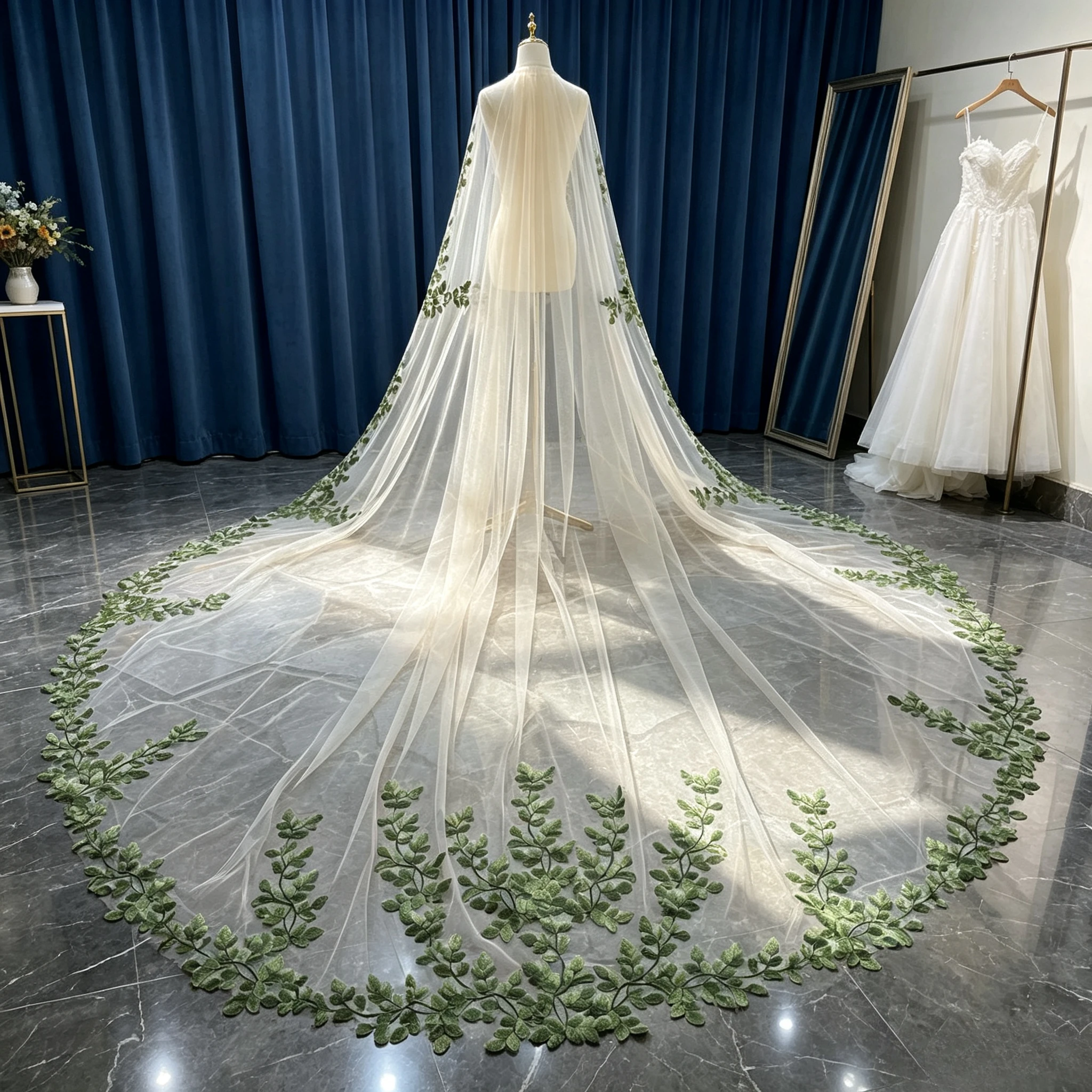 Floral Wedding Veil Bridal Dress Accessories With Comb For Brides Tulle Single Layer Green Leaves Lace Appliques Champagne Cape
