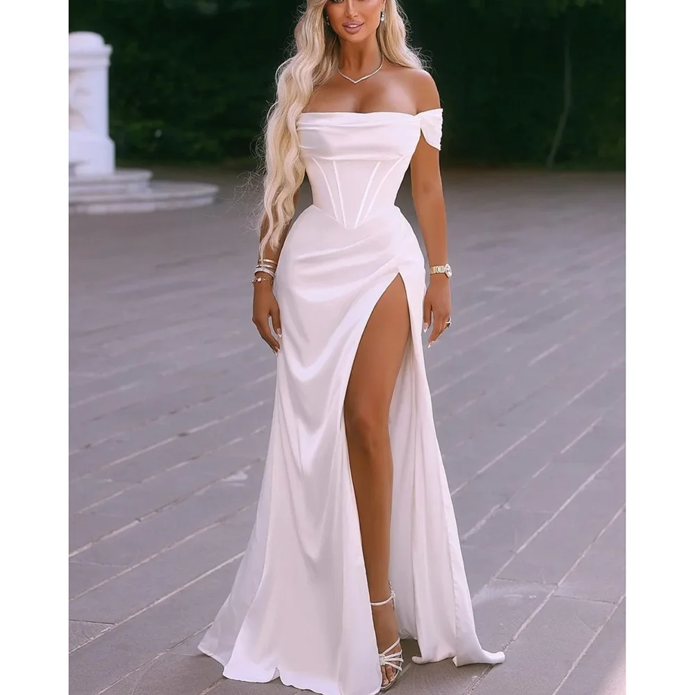 

Атласные сексуальные вечерние платья по индивидуальному заказу с разрезом по бокам и открытыми плечами длиной до пола, платье русалки De Soirée, вечернее платье