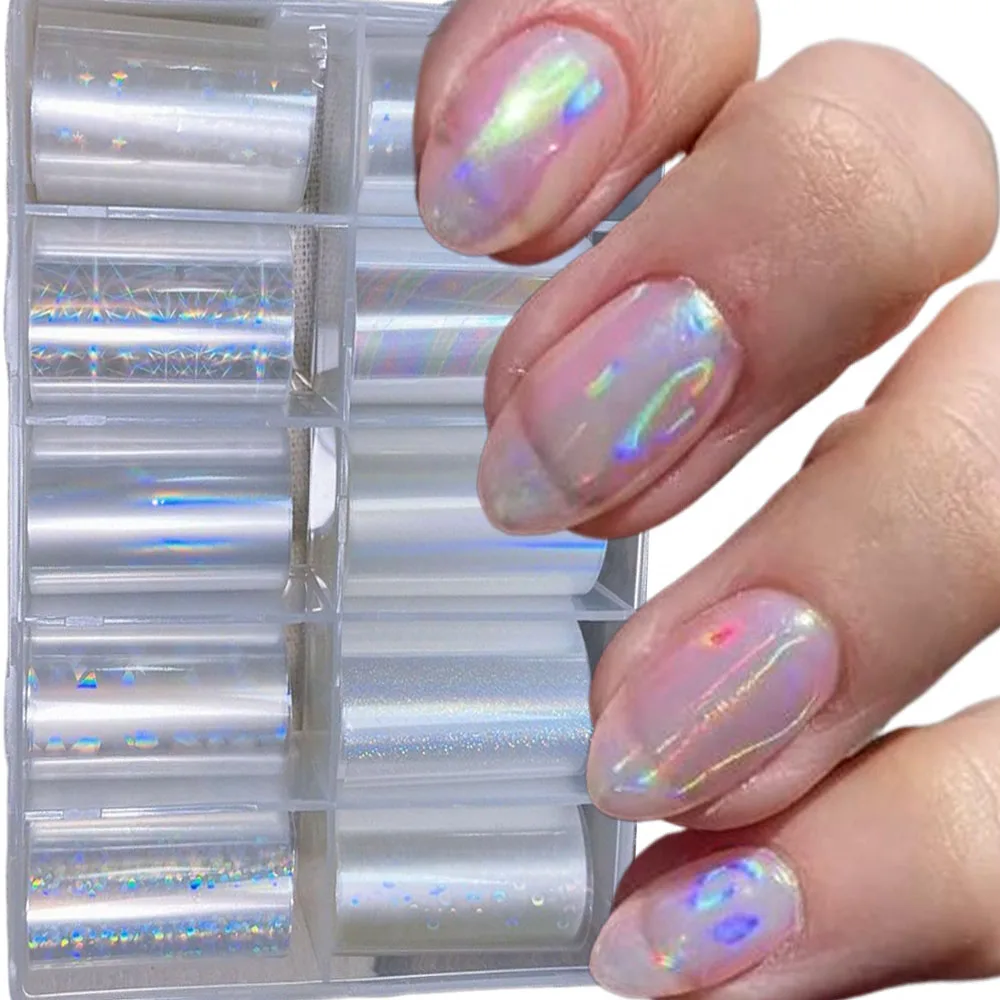 10 Rollen klare Laser-Aurora-Nagelfolien-Aufkleber, schillerndes holografisches Glas, Fragment-Transferfolien-Abziehbilder, 4 x 50 cm, Nageldekoration – Detail 1
