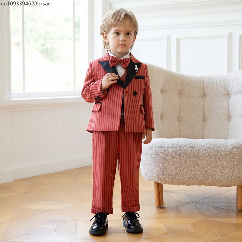 

Children Boys Red Luxurious Striped Suit Formal Blazer Vest Pant Boys Suits Outfits Set British Style Handsome Wedding Suit