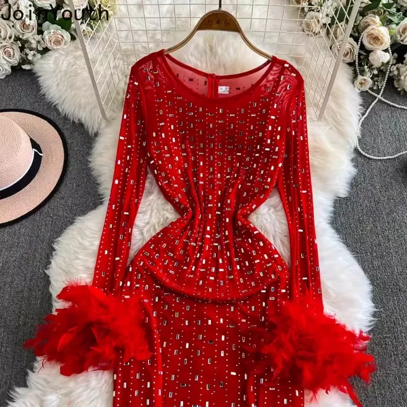 Maxi Dresses for Women O-neck Slim Waist Temperament Robe Femme Gauze Diamond Feather Sexy Party Dress 2024 Vestidos De Mujer