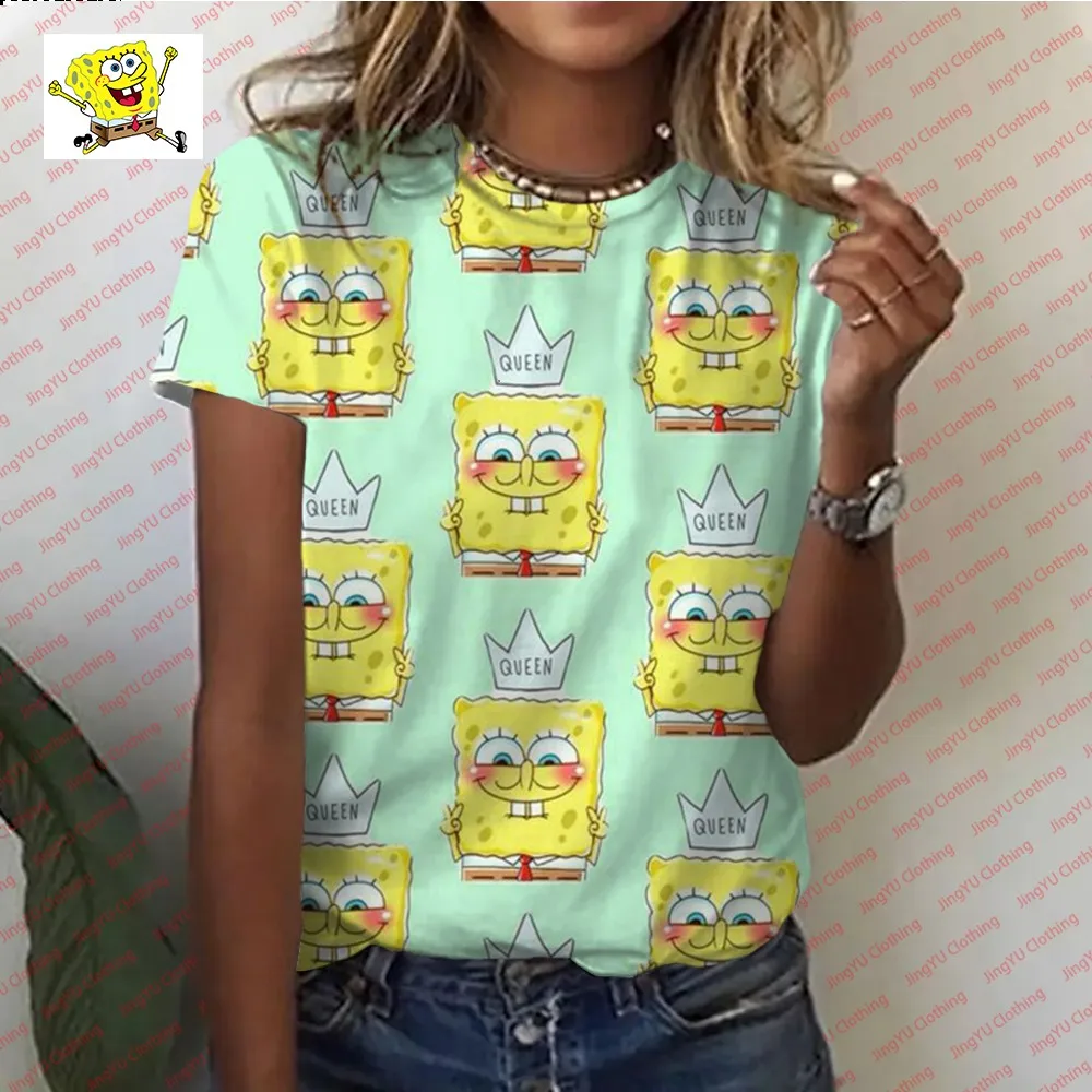 เสื้อยืดการ์ตูน SpongeBob 2024แฟชั่นใหม่ฤดูร้อนเสื้อยืดการ์ตูนน่ารักเสื้อยืดแขนสั้นของผู้หญิงสบายๆ