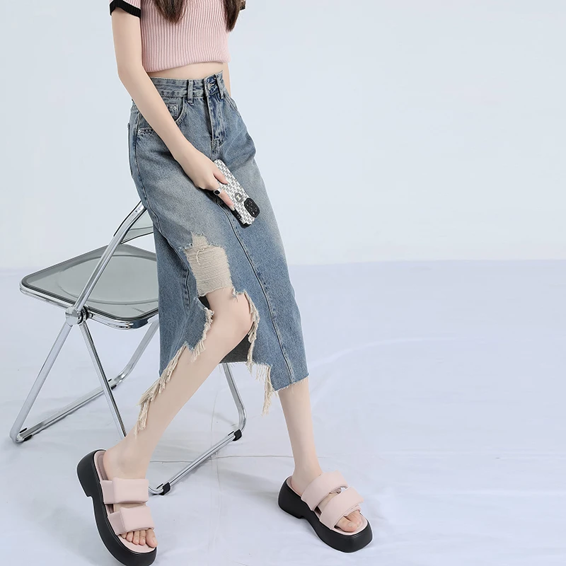 Korean Fashion New Distressed Ripped Denim Skirt Women Spring Summer Autumn Streetwear Harajuku Midi Jean Skirt Cheap Wholesale