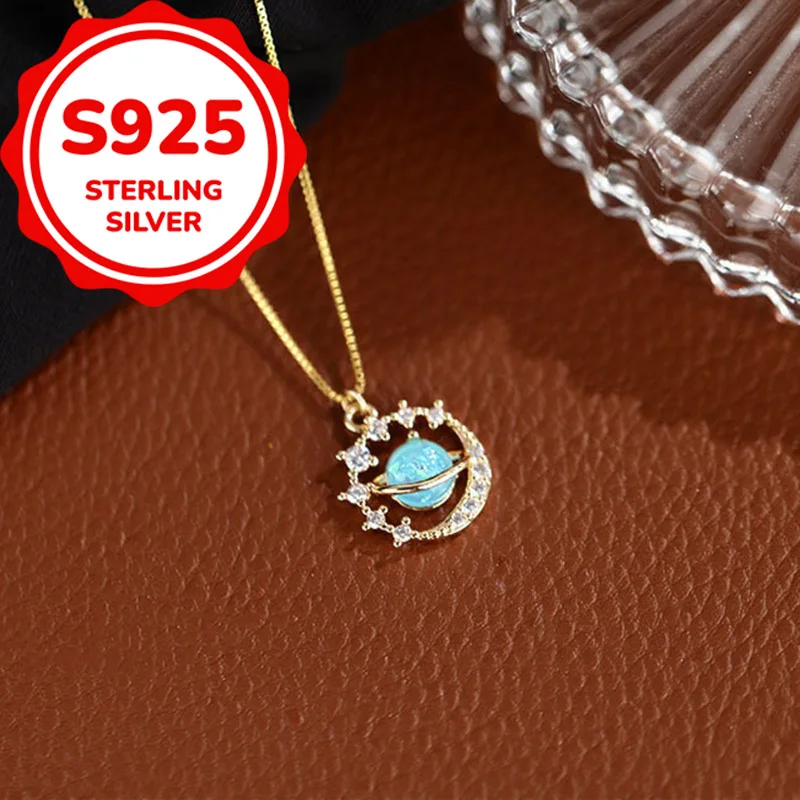 

925 sterling silver temperament light luxury blue planet necklace women's synthetic zircon simple sweet clavicle chain
