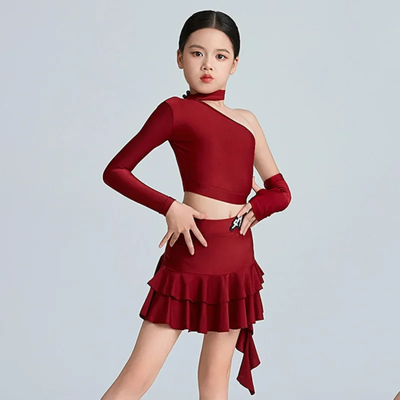 

Одежда для латинских танцев для девочек, красно-коричневый костюм, тренировочные топы для ча-ча-румбы, самбы, юбка, тренировочная одежда, детское танцевальное платье