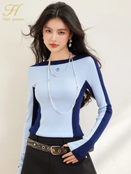 H Han Queen 2025 봄 니트 풀오버 스웨터 캐주얼 스플라이싱 블루 라운드 넥 탄성 슬림 기본 긴팔 탑