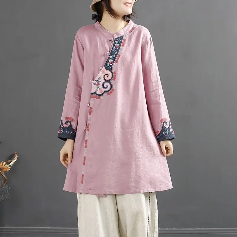 Literary Retro Chinese Style Cotton and Linen Disc Button Embroidered Shir Loose Stand Collar Mid-length Chinese Style Top