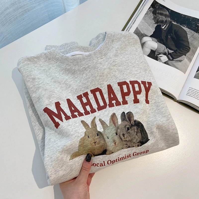 

Утепленная флисовая толстовка с капюшоном для женщин, модная футболка с принтом в виде кролика, весна-осень-зима, большие размеры, повседневная уличная одежда