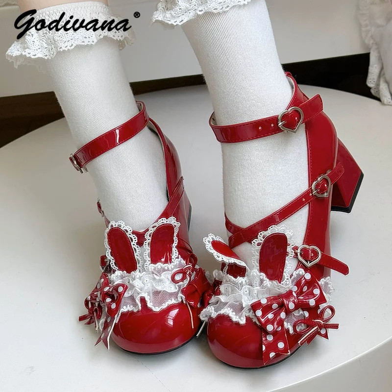 

Lo Shoes for Women Elegant Girls Cute Bow Rabbit Ear Lolita High Heel New Spring and Autumn Sweet Mary Jane Shoes