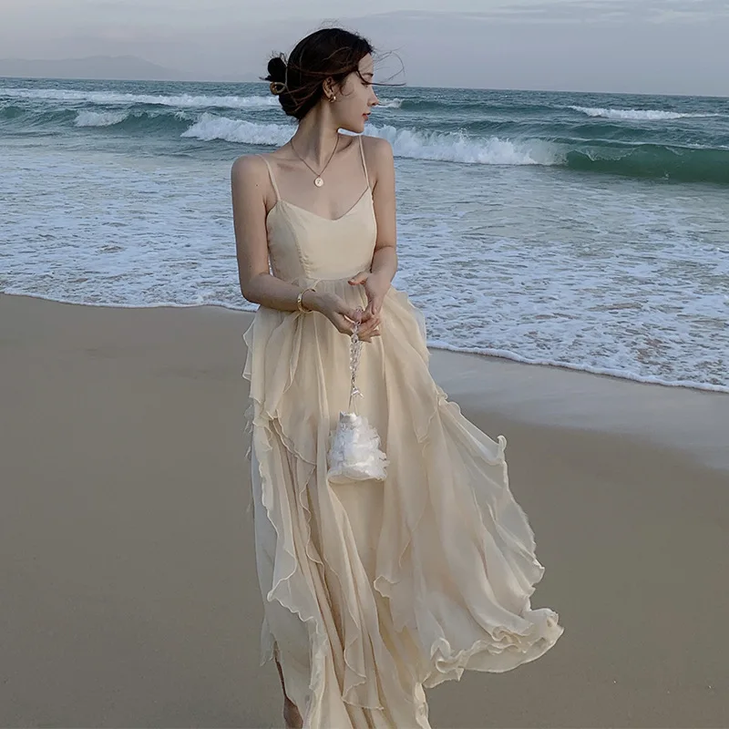 

2024New Internet Celebrity Chiffon Summer Dress Women's Seaside Vacation Skirt Super-Fairy Spaghetti-Strap Bali Beach Dress