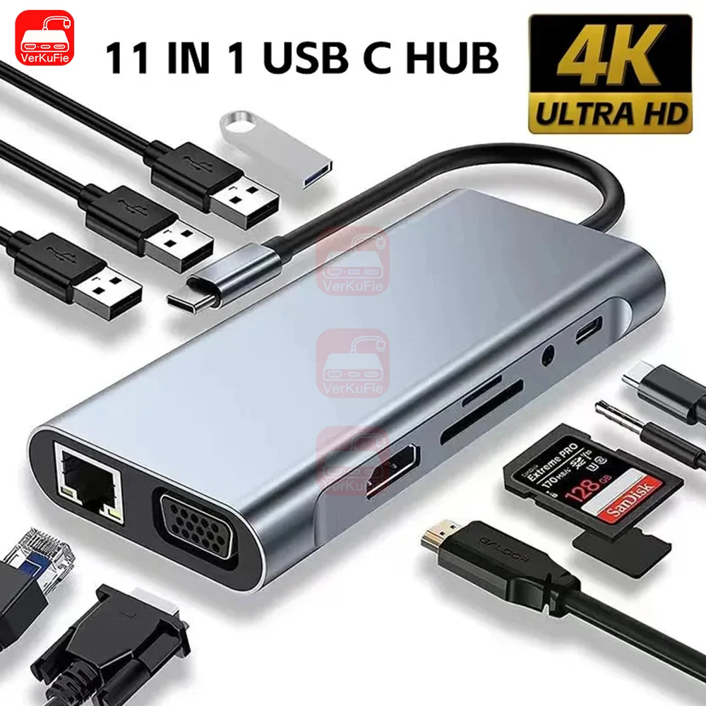 USB C HUB 4K 30Hz Type C to HDMI-compatible USB 3.0 Adapter 11 in 1 Type C HUB Dock PD 87W USB C Splitter for MacBook Pro Air