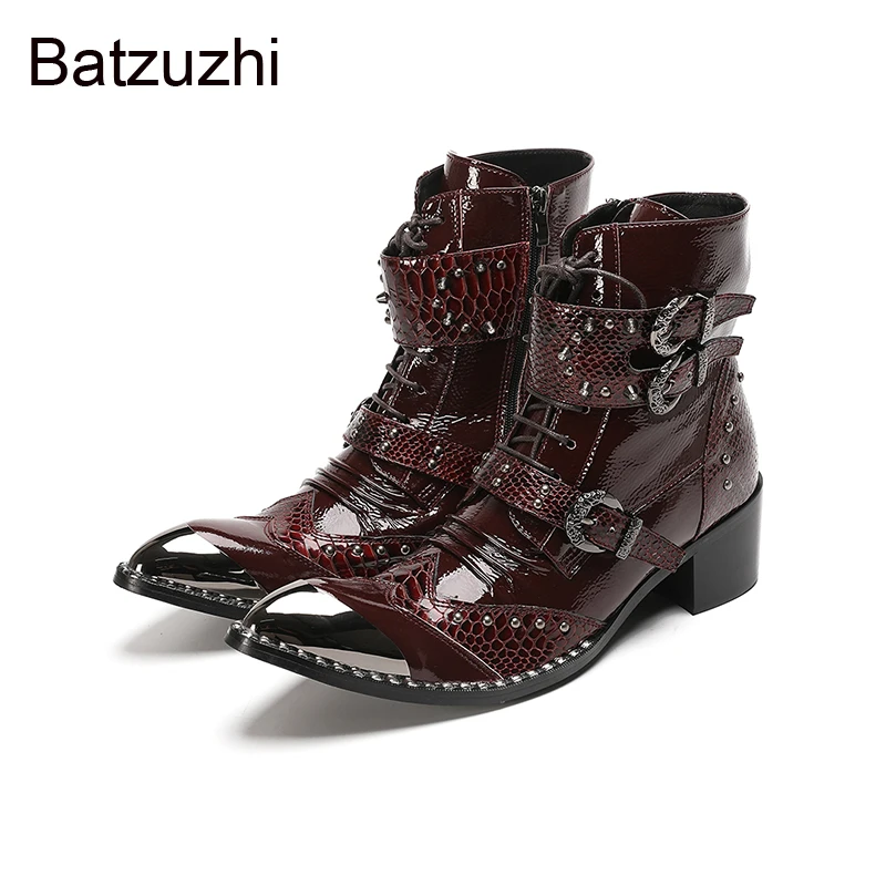 

Batzuzhi Western Cowboy Men's Boots Shoes with Iron Toe Zip Buckles Punk Genuine Leather Ankle Boots Man 6.5cm High Heels!