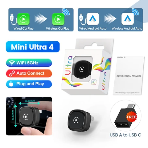 Беспроводной адаптер CarPlay/Android Auto Box Mini Ultra 4 Smart Car Auto Box с поддержкой Wi-Fi 5.8 ГГц и Bluetooth, бесшовное подключение, OTA-обновление