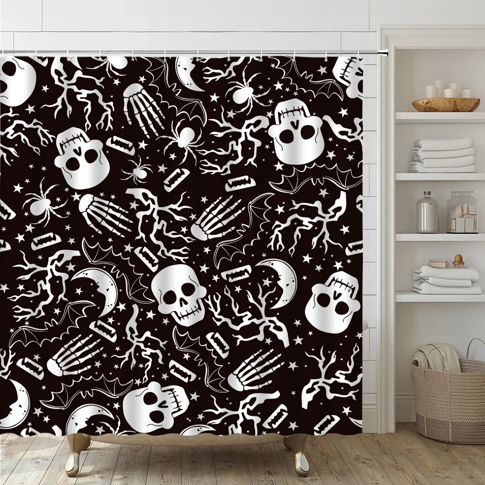 4Pc Cute Halloween Shower Curtains Set Bathroom Decor Skull Hand Spider Bat Fabric Screen Non-Slip Bath Mat Rug Toilet Lid Cover