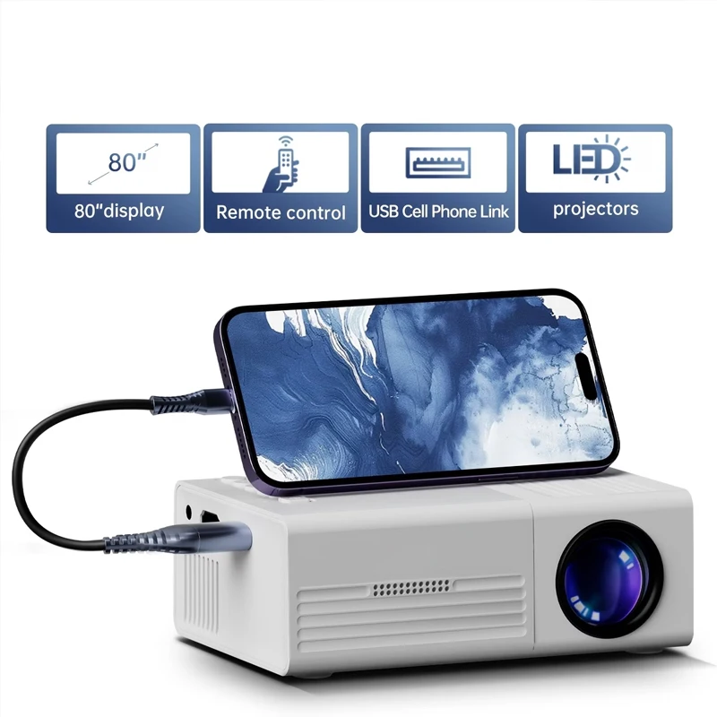 

Портативный мини-проектор для домашнего кинотеатра 2026 года, поддерживает проекцию с мобильного телефона, совместим с TV Stick/USB/ноутбуком
