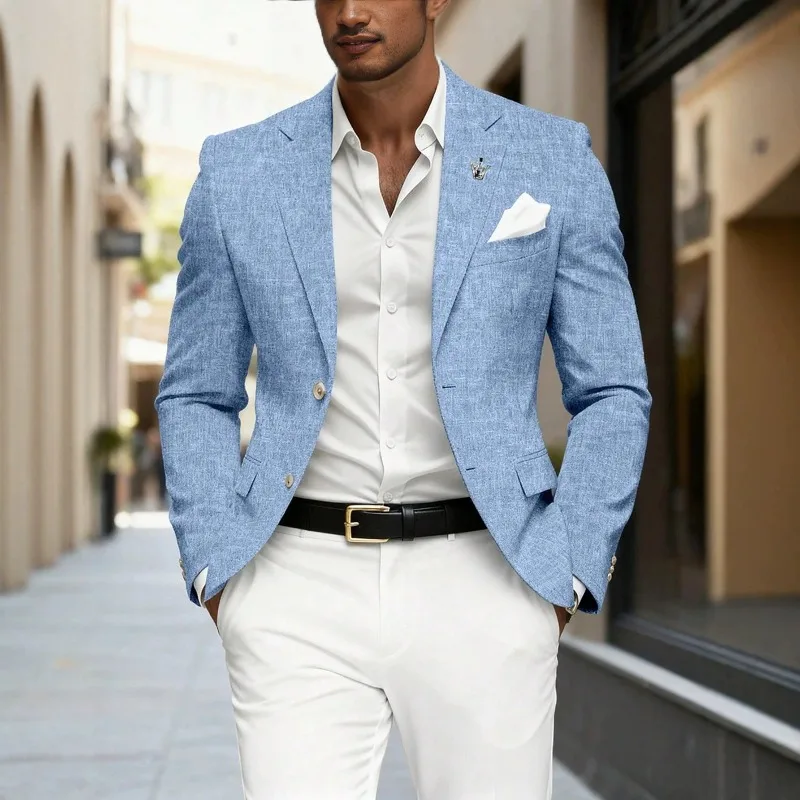High Quality Summer Men's Light Sky Blue Linen Texture Casual Blazer Slim Fit Two Buttons Suit Jacket Male Daily Commuter