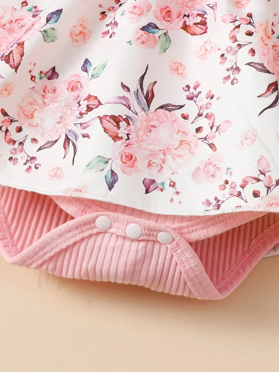 2PCS Baby Girl Princess Romper Dress Long Sleeved Lovely Ribbed Floral Jumpsuit with Headband for Newborn Baby Girl 0-18 Months