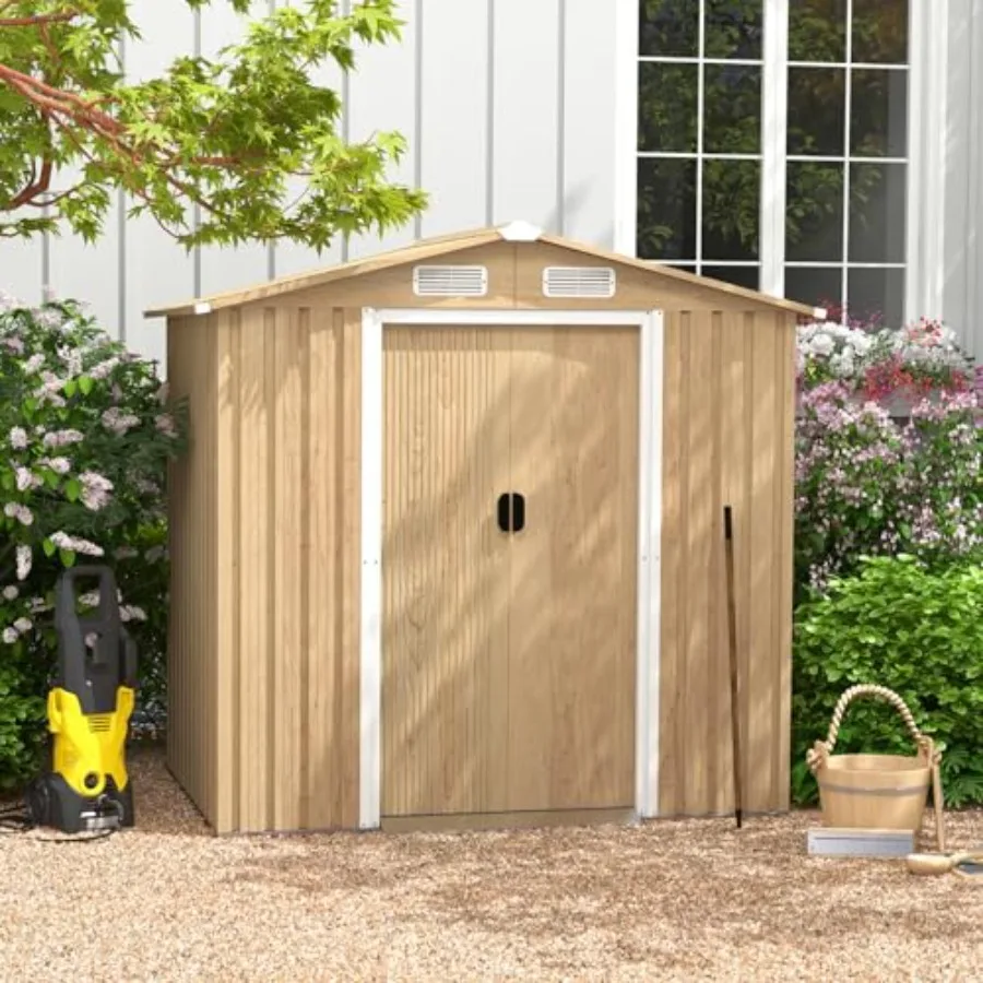 

6' x 4' Woodgrain Outdoor Storage Shed with Galvanized Metal Natural Color Waterproof Design 4 Vents Lockable Doors Ideal for B