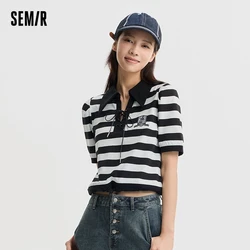 Semir Women Polo Shirt Embroidered Shirt Short Stylish Summer Top With Tie Straps Striped Design Vintage And Casual Style Top