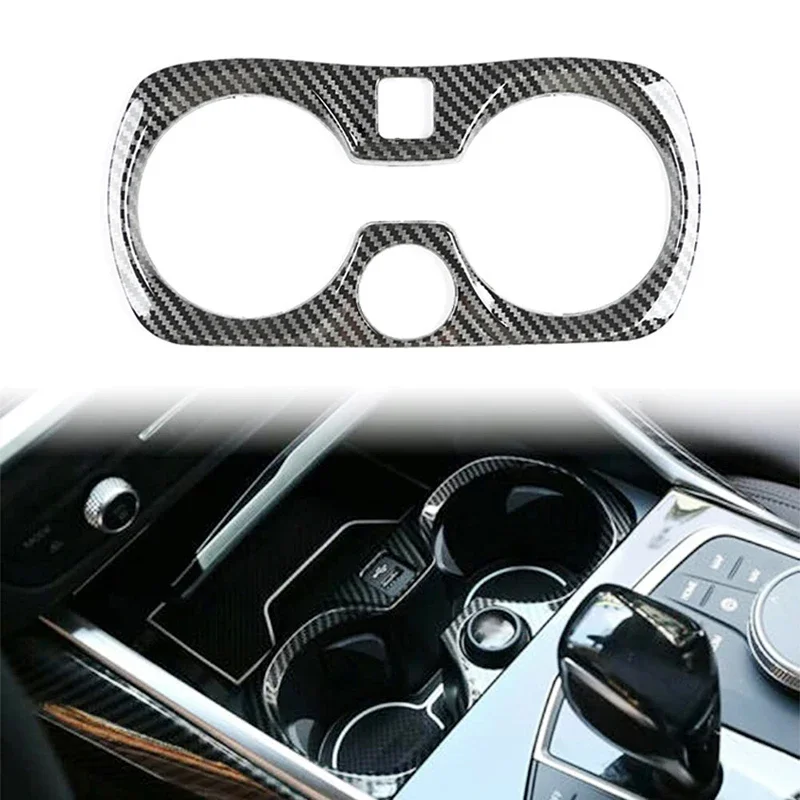 Car Carbon Fiber Look Central Gear Shift Panel Water Cup Holder Frame Protective Trim For BMW G20 G28 2019 2020 2021 Accessories