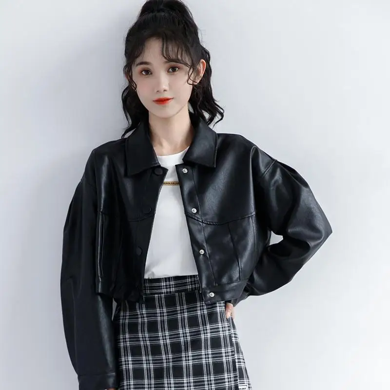 DAYIFUN-2023 Autumn New,PU Leather Jacket,Lady Hong Kong Style,Short Black Coat,Women's,Loose,Handsome,Spring Autumn,Casual Tops