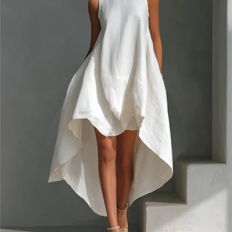 

Summer Elegant Solid Pocket Irregular Dresses Womens Casual O Neck Sleeveless Loose Big Hem Maxi Dress Woman Holiday Party Dress