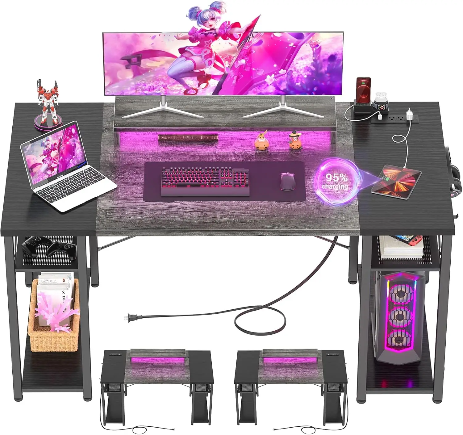 

Computer Desk With Led Lights, 55 H Desk With Power Outlet And Usb, Reversible Large Desk With Moveable Monitor Stand, 55.2''