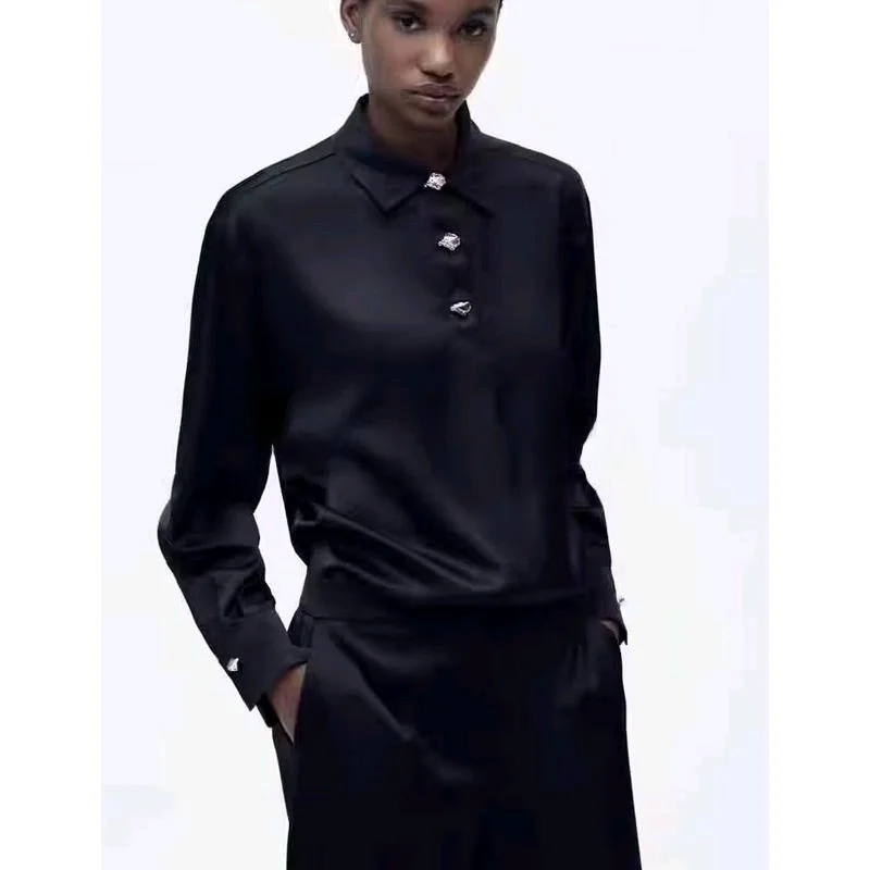 Printemps nouveau femmes irt bouton doré décoré soie Satin Texture Long col Sve coupe régulière trajet Sle Polyester...