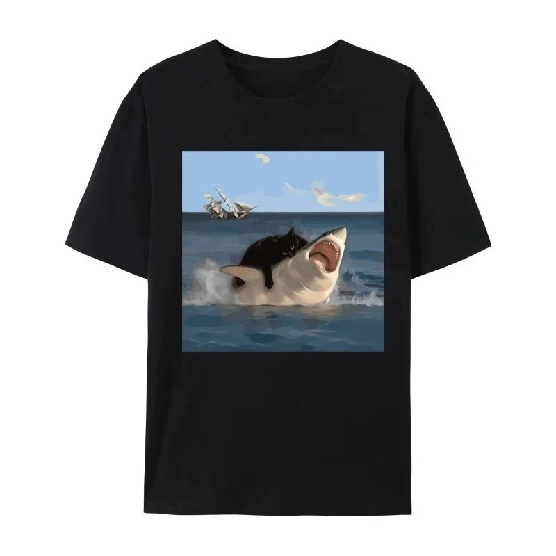 

2025 Cat Bites Shark Fun Art and Cat Lovers Fun Cat and Shark Print Shirts Plain Tops Hip Hop T-shirts Women Clothing Fashion