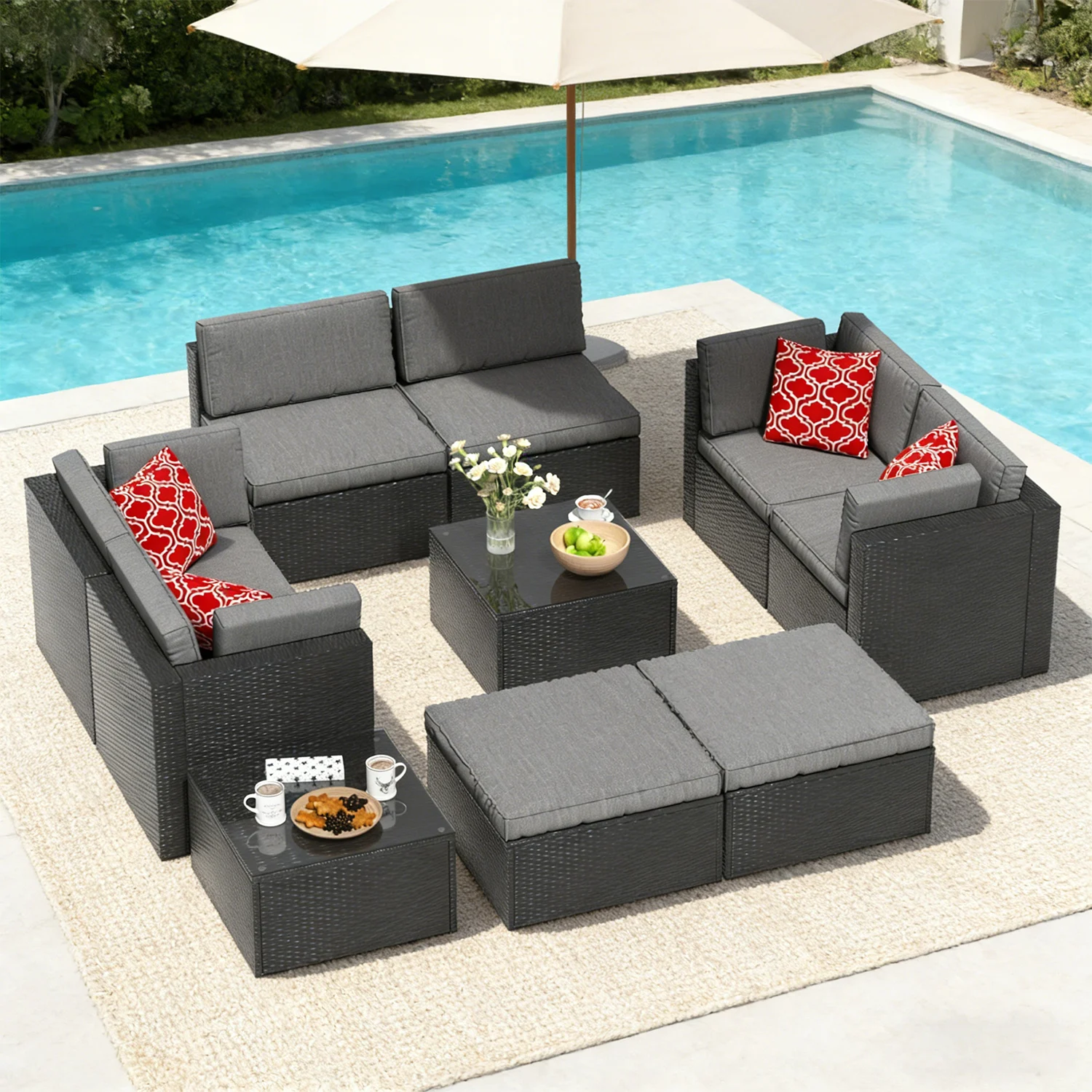 10-Piece Modular Wicker Patio Conversation Set, Outdoor Rattan Sectional Sofa with Thick Cushions, Glass Top Side Tables & Ottomans, All Weather Resistant Frame for Backyard Poolside Garden