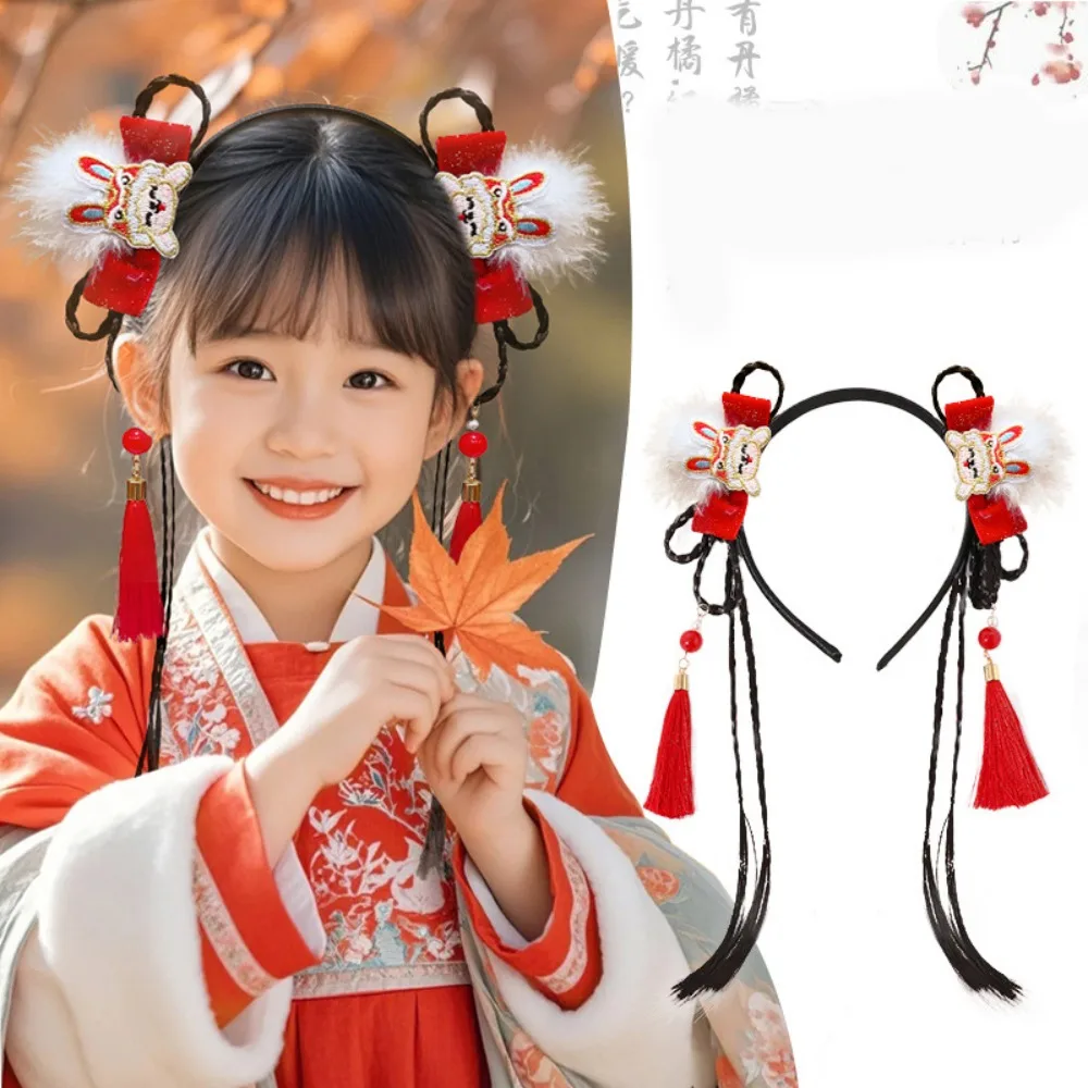 

Flower Children Wig Headband Braid Hair Tassel Chinese New Year Headwear Girl Hair Accessories Ancient Style Hanfu Hair Sticks