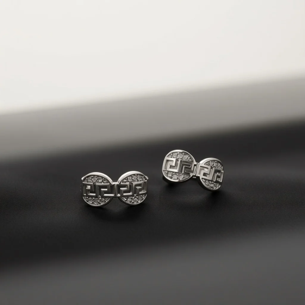 Silver‑Tone Geometric Cut‑Out Huggie Hoop Earrings for Women, Pave Zircon Retro Pattern Click‑Top  Hoops, Ethnic Fashion Jewelry