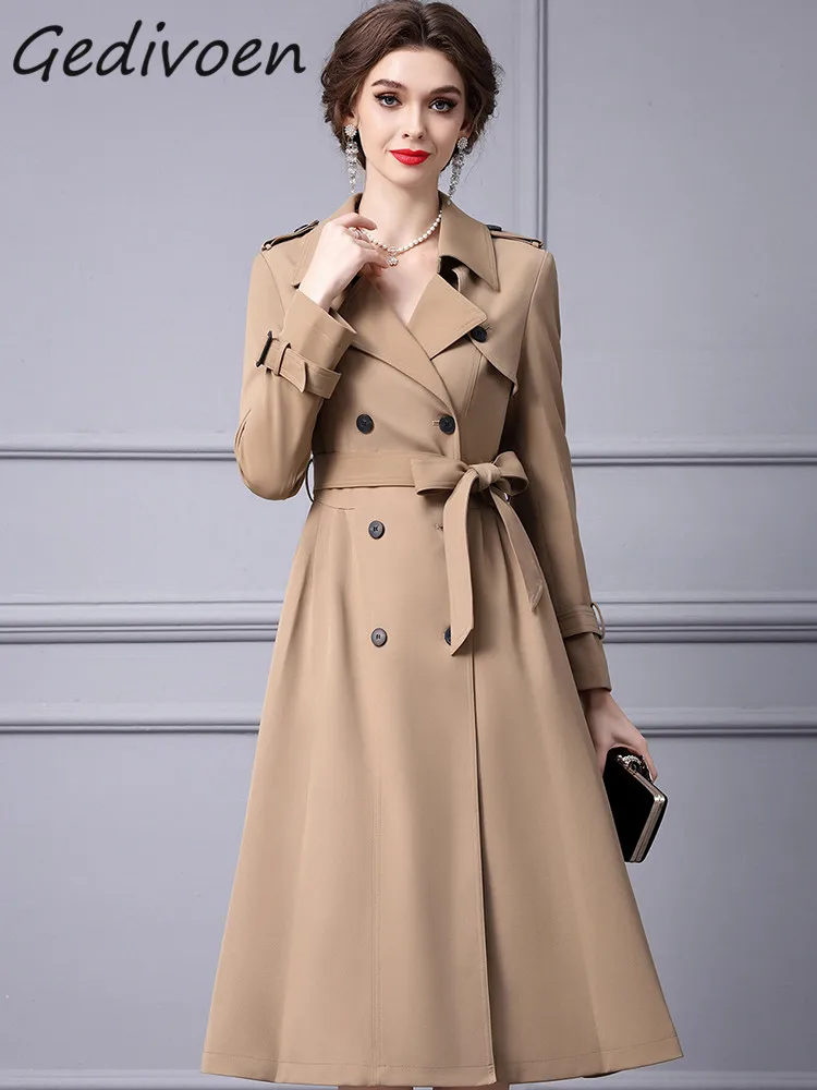 

Gedivoen Winter Fashion Runway Khaki Vintage Trench Coat Women Lapel Button Pocket Frenulum Gathered Waist Slim Long Trench Coat