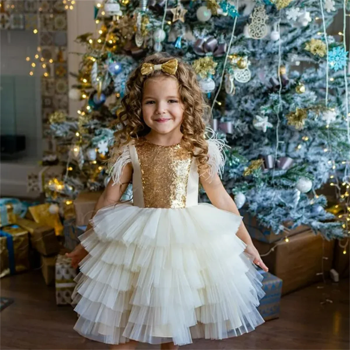 Flower Girl Dress White Layered Tulle Gold Sequin Wedding Cute Flower Child's First Eucharistic Birthday Party Dress Girl Gift