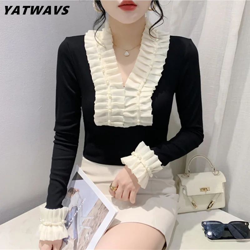 Runway New Spring Sexy V-Neck Chic Ruffled Beading Women T-Shirt Blusas Streetwear Girl Elegant Slim Long Sleeves Hot Tops Tees