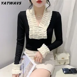 Runway New Spring Sexy V-Neck Chic Ruffled Beading Women T-Shirt Blusas Streetwear Girl Elegant Slim Long Sleeves Hot Tops Tees